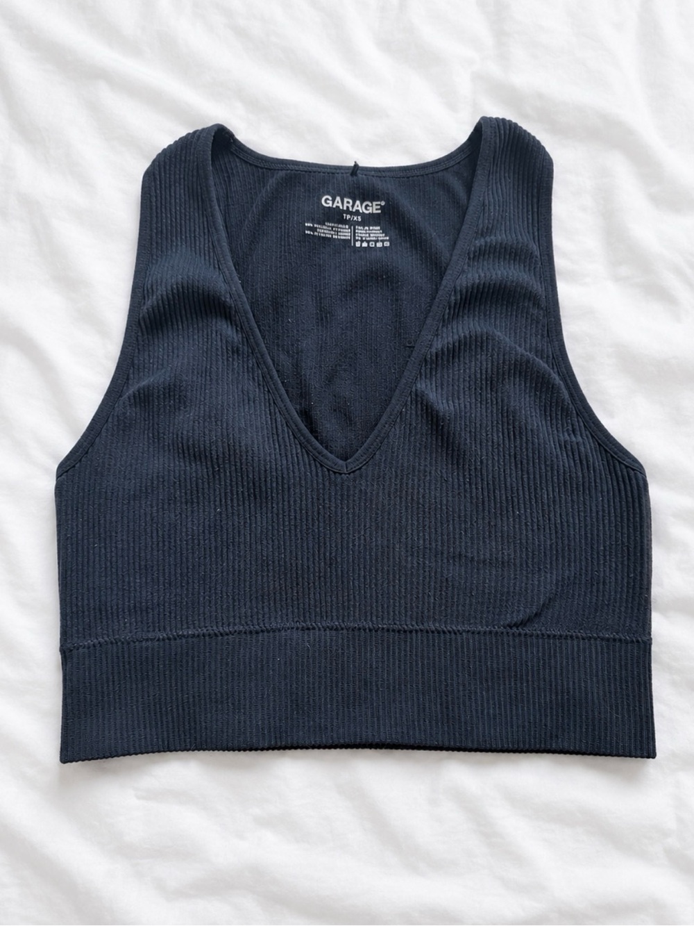 Garage Navy Ribbed V-Neck Crop Top